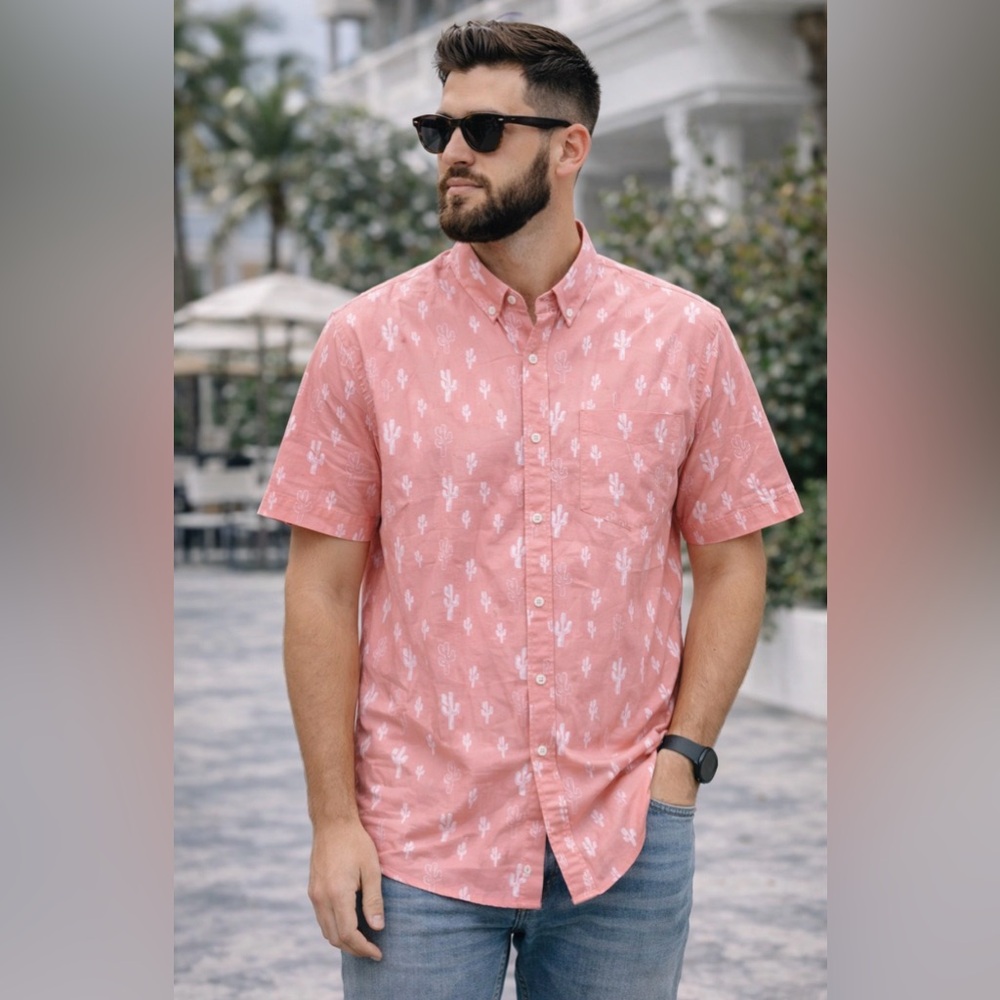 Heritage Short Sleeve Button Down Shirt Pink Cactus Print XXL Slim Fit NWT
